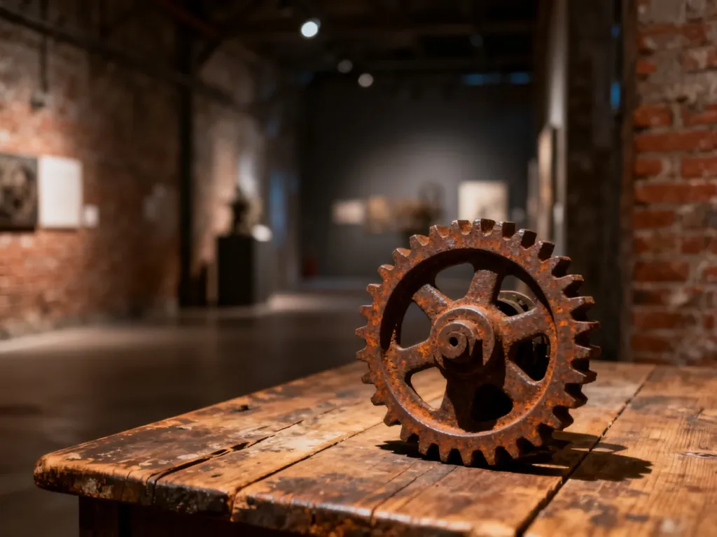 Zardzewiałe koło zębate na drewnianym stole w tle industrialnej sali Muzeum Powstania Warszawskiego.