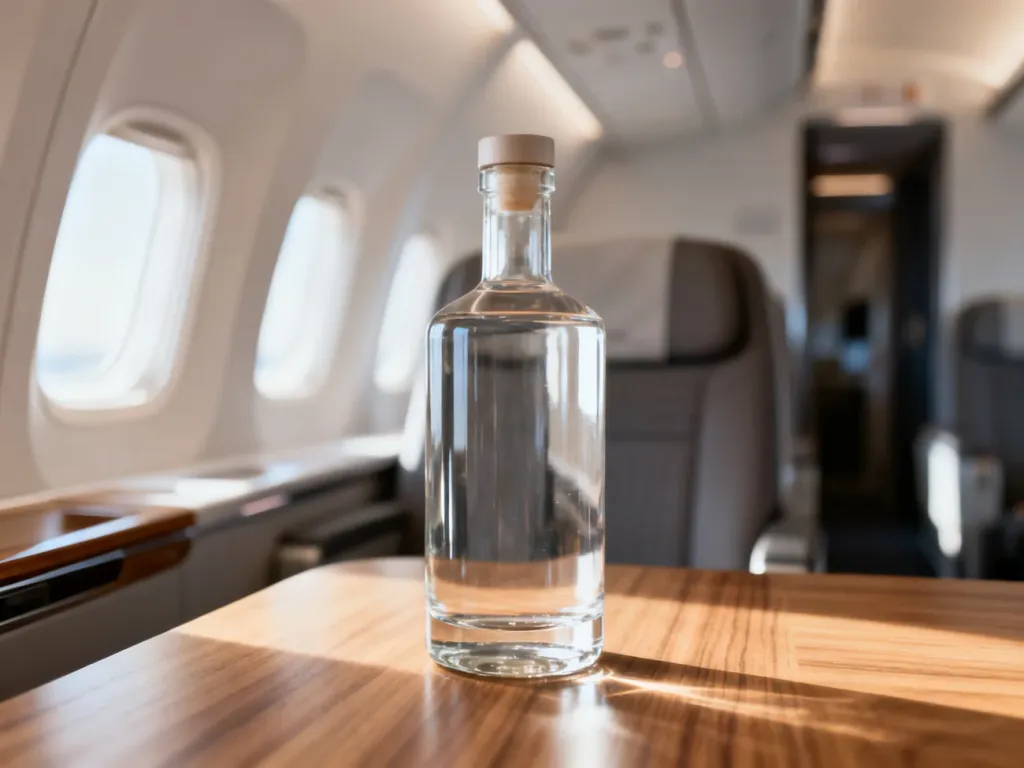 Szklana butelka alkoholu na drewnianym stole w tle z wnętrzem samolotu, ilustrująca zasady przewozu trunków w Wizz Air.