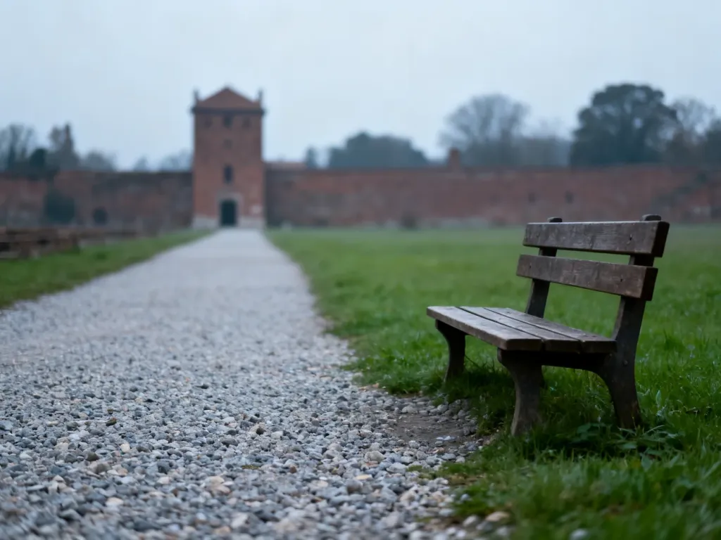 Pusta żwirowa ścieżka prowadząca do budynków byłego obozu Auschwitz, otoczona spokojną zielenią i historyczną zabudową.
