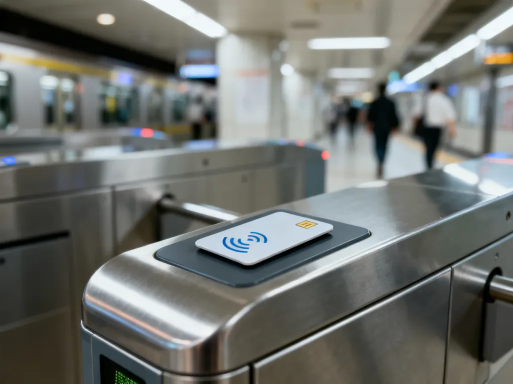 Karta zbliżeniowa na bramce biletowej w tokijskim metrze, symbolizująca szybki i nowoczesny system płatności za przejazd.